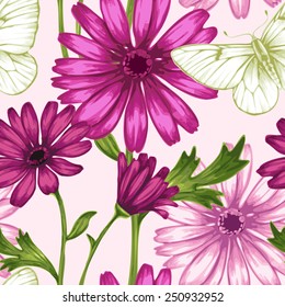 Vector seamless pattern with wildflowers and butterflies. Background for for fabrics, textiles, paper, wallpaper, web pages, wedding invitations. Vintage style. Floral ornament.