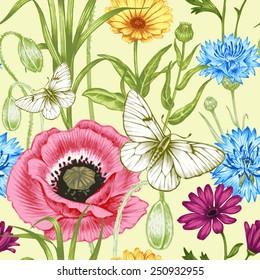 Vector seamless pattern with wildflowers and butterflies. Background for for fabrics, textiles, paper, wallpaper, web pages, wedding invitations. Vintage style. Floral ornament.