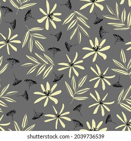 Vector seamless pattern of wildflowers, clematis and leaves on gray background. Hand-drawn. Botanical pattern. Design for posters, postcards, textiles, fabrics, prints, decor, paper, packaging.