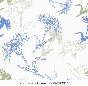 Vector seamless pattern of wildflowers. Cornflowers are blue and green on a light background. For printing on fabric, paper, packaging.