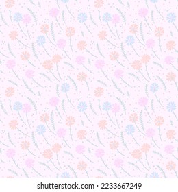 Vector seamless pattern with wildflowers and herbs. Elegant green stems. Warm pink pastel colors.