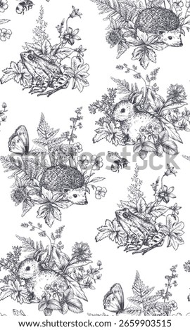 Vector seamless pattern with wildflowers, herbs, animals, insects. Endless floral background in vintage sketch style.
