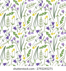 Vector seamless pattern with wildflowers on white. Small floral millefleur print in country or Provence style.