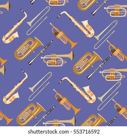 Vector seamless pattern with wind musical instruments. Saxophone, clarinet, trumpet, trombone and tuba, woodwind and brass musical instruments.