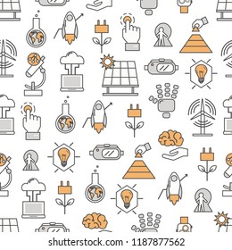 Vector seamless pattern with wind and solar panel energy, chemistry innovations etc. Thin line art flat style design science technology and innovation background, wallpaper.