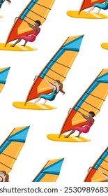 Vector seamless pattern with windsurfing. Texture with women surfing on white background. Surface design with summer activities for fabric and wallpaper