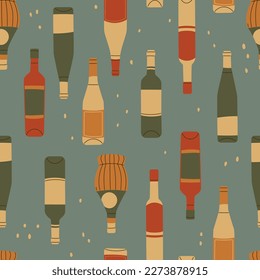 Vector seamless pattern of wine bottles of various shapes and types. Vintage colors, vector illustration for design.