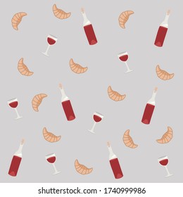 Vector sin fisuras con vino y cruasán. Tema francés, fondo beige