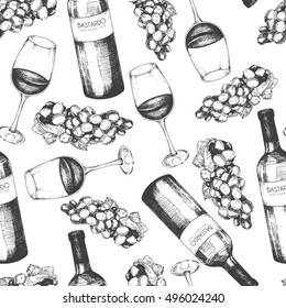 Vector seamless pattern of wine glass, bottle and grape. Hand drawn vintage elements. Good for season restaurant, menu, design, store, holiday, package. 