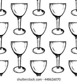 Vector seamless pattern with wine glasses on white background. Hand drawn style.