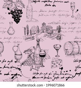 Vector Seamless Pattern Wine Grape Branche, Bottles, Glasses, Unreadable Text, Wooden Barrel, Chees, Corkscrew. Doodle Sketch Hand Drawing. Vector Illustartion Isolated Retro