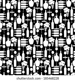 Vector seamless  pattern with  Wine illustrations silhouettes isolated on black background