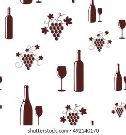 Vector seamless pattern with wine items. Wine bottles and grapes. 