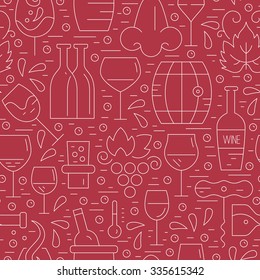 Vector seamless pattern with wine and vineyard elements made in modern line style. Perfect background for restaurant menu and wine list.