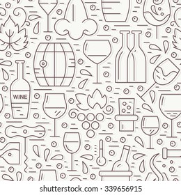 Vector seamless pattern with wine and vineyard elements made in modern line style. Wine list menu background.