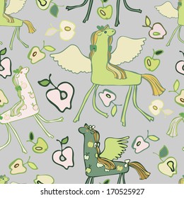 vector seamless pattern with winged horse apples, colorful