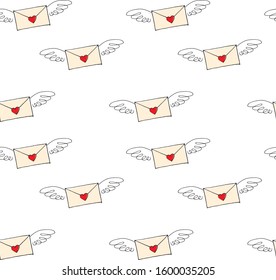 Vector seamless pattern with winged letters in an envelope with angel wings and hearts for Valentine's Day. Printable pattern for decoration of packaging or gift card cover.