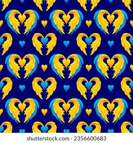 Vector seamless pattern with wings and hearts in yellow and blue colors on a dark blue background. Ukrainian flag colors. Scrapbooking paper.