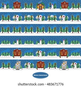 Vector seamless pattern, winter banners with cartoon flat houses. Winter landscape, star sky, snow, snowman, pine trees, street lamp flat element for design
