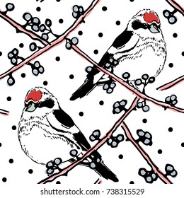 Vector Seamless pattern with winter birds in forest, hand drawn style.