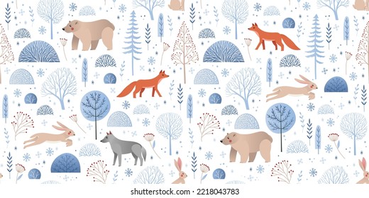 Vector seamless pattern - winter blue forest with fox, bear, rabbit, trees in snow. Fairytale in flat style with gradient. Scandinavian illustration. Perfect for home decor, wrapping paper, fabric
