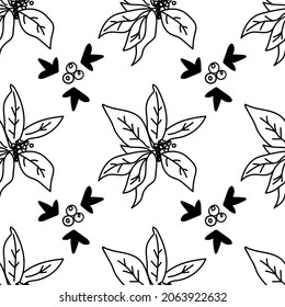 Vector seamless pattern with Winter botanicals hand drawn black line. Christmas repeating print with plants in doodle style.Design for textiles,packaging,social media,wrapping paper,scrapbook paper. 