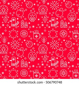 Vector seamless pattern of winter, Christmas and new year celebration elements.Line style background. Unique illustration for  textile and wrapping paper.