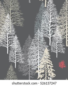 Vector Seamless Pattern Winter Christmas Trees in Snow with Red Bush