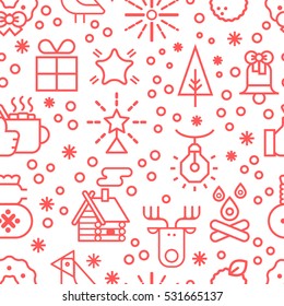 Vector seamless pattern of winter, Christmas and new year celebration elements.Line style background. Unique illustration for  textile and wrapping paper.