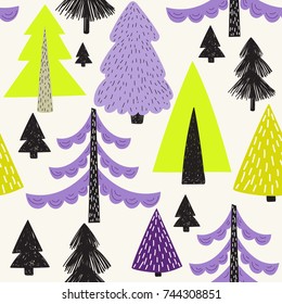 Vector seamless pattern with winter Christmas trees. Abstract Hand drawn background for design and decoration textile, covers, package, wrapping paper. 