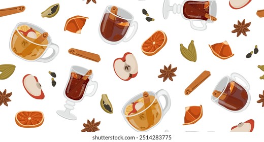 Vector seamless pattern with winter drinks. Image of mulled wine, warming tea and winter cocktail. Illustration for wallpaper and packaging for New Year and Christmas. Spices and fruits for warm drink