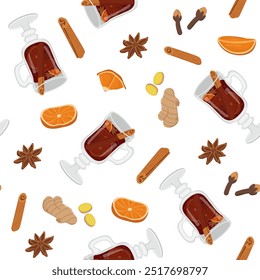 Vector seamless pattern with winter drinks. Image of mulled wine and products for it. Illustration for wallpaper and packaging for New Year and Christmas. Spices and fruits for warm drinks.