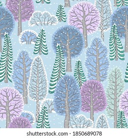 Vector seamless pattern. Winter fairy forest with stylized trees, Christmas trees and bushes