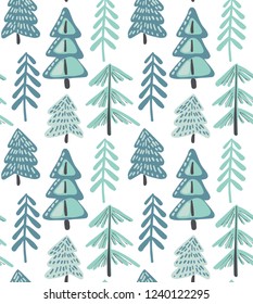 Vector seamless pattern with winter fir forest.