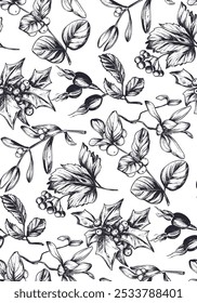 Vector seamless pattern with winter flowers and plants. Christmas endless background