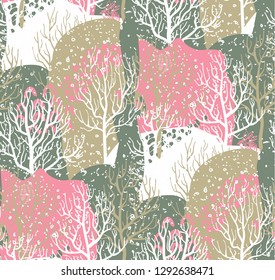 Vector seamless pattern with winter forest, abstract texture and snowflakes.