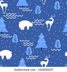 Vector Seamless Pattern. Winter Forest Theme. Polar Bear, Deer, Trees, Snow, Waves. Blue Background, Shades Of Blue Elements And White Decor.  