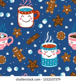 Vector Seamless pattern of Winter Hot Drinks and Sweets. Cozy Cute Mugs  with Beverages Mulled Wine, Coffee or Tea, Cocoa and Gingerbread Cookies, Marshmallow. Winter Holidays, Christmas and New Year