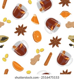 Vector seamless pattern with winter hot drinks. Image of tea with citrus and spices. Illustration for wallpaper and packaging for New Year and Christmas. Spices and fruits for a warming drink.