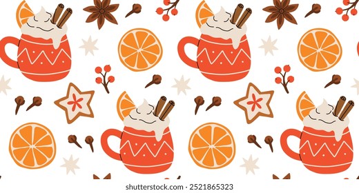 Vector seamless pattern with winter hot drinks. Image of tea with citrus and spices. Illustration for wallpaper and packaging for New Year and Christmas. Spices and fruits for a warming drink.