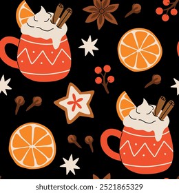 Vector seamless pattern with winter hot drinks. Image of tea with citrus and spices. Illustration for wallpaper and packaging for New Year and Christmas. Spices and fruits for a warming drink.