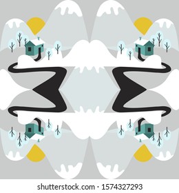 Vector seamless pattern with winter landscape. A small mountain cabin among the trees.