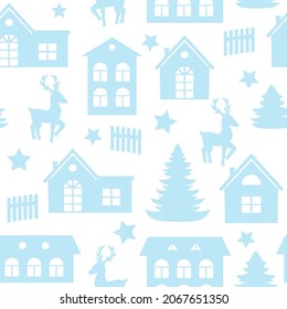 Vector seamless pattern winter landscape with deer and houses. Paper cut design. Set of patterns