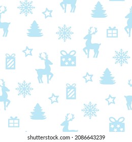Vector seamless pattern winter landscape with deer, snowflakes and gifts. Paper cut design. Set of patterns