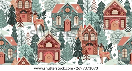 Vector seamless pattern with winter landscape and houses and trees. Endless background for Christmas and winter holidays.