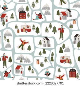 Vector seamless pattern with winter map, Christmas trees, celebration people, buildings and mountains. Cartoon Illustration for Background, wallpaper, wrapping paper
