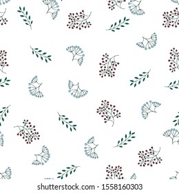 Vector seamless pattern winter plants and berries on white background, wallpaper, fabric