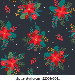 Vector seamless pattern with winter plants. Christmas and Happy New Year background with christmas flowers, needles, poinsettia, mistletoe, holly leaves,  branches with berries.