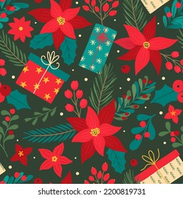 Vector seamless pattern with winter plants and gift boxs. Christmas and Happy New Year background with christmas flowers, needles, poinsettia, mistletoe, holly leaves,  branches with berries.