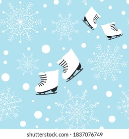 Vector seamless pattern. Winter skates and snowflakes, isolated on blue background